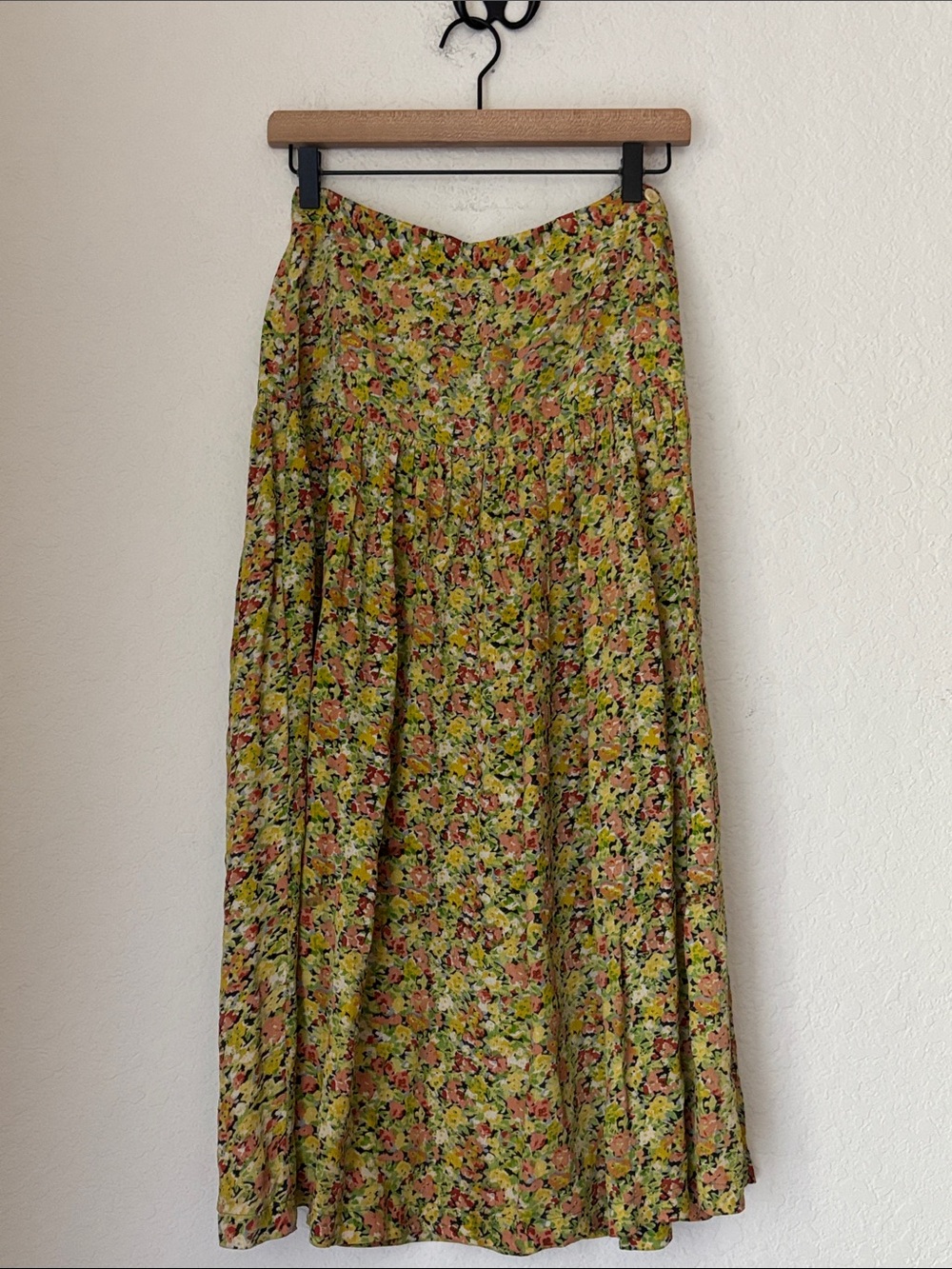 FRENCH CONNECTION yellow Floral Midi Skirt in Green and Pink size small